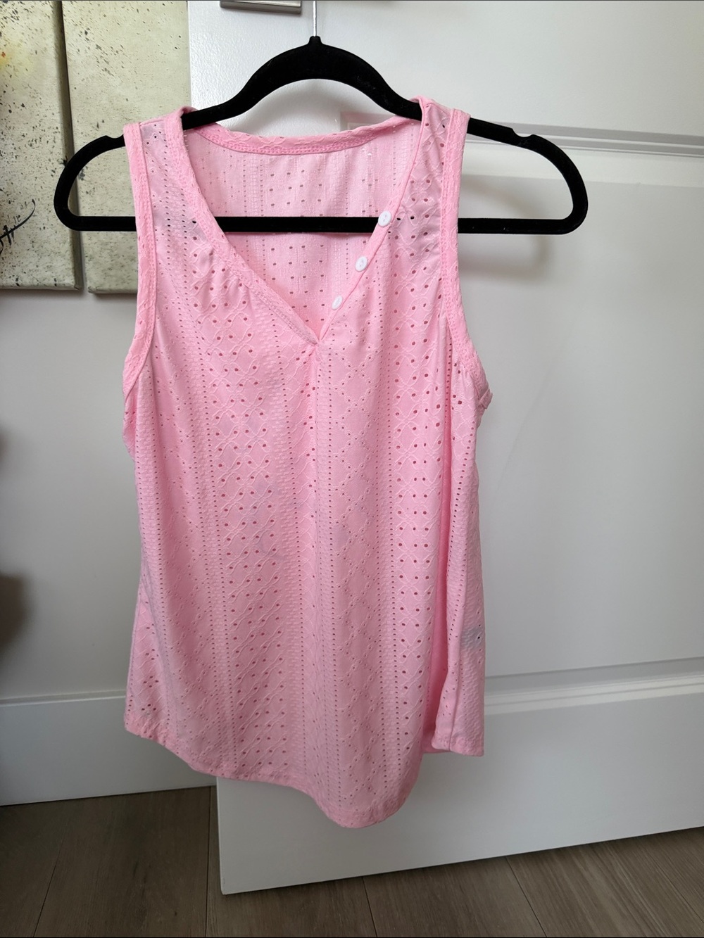 Eyelet V-Neck Sleeveless Top - Pink